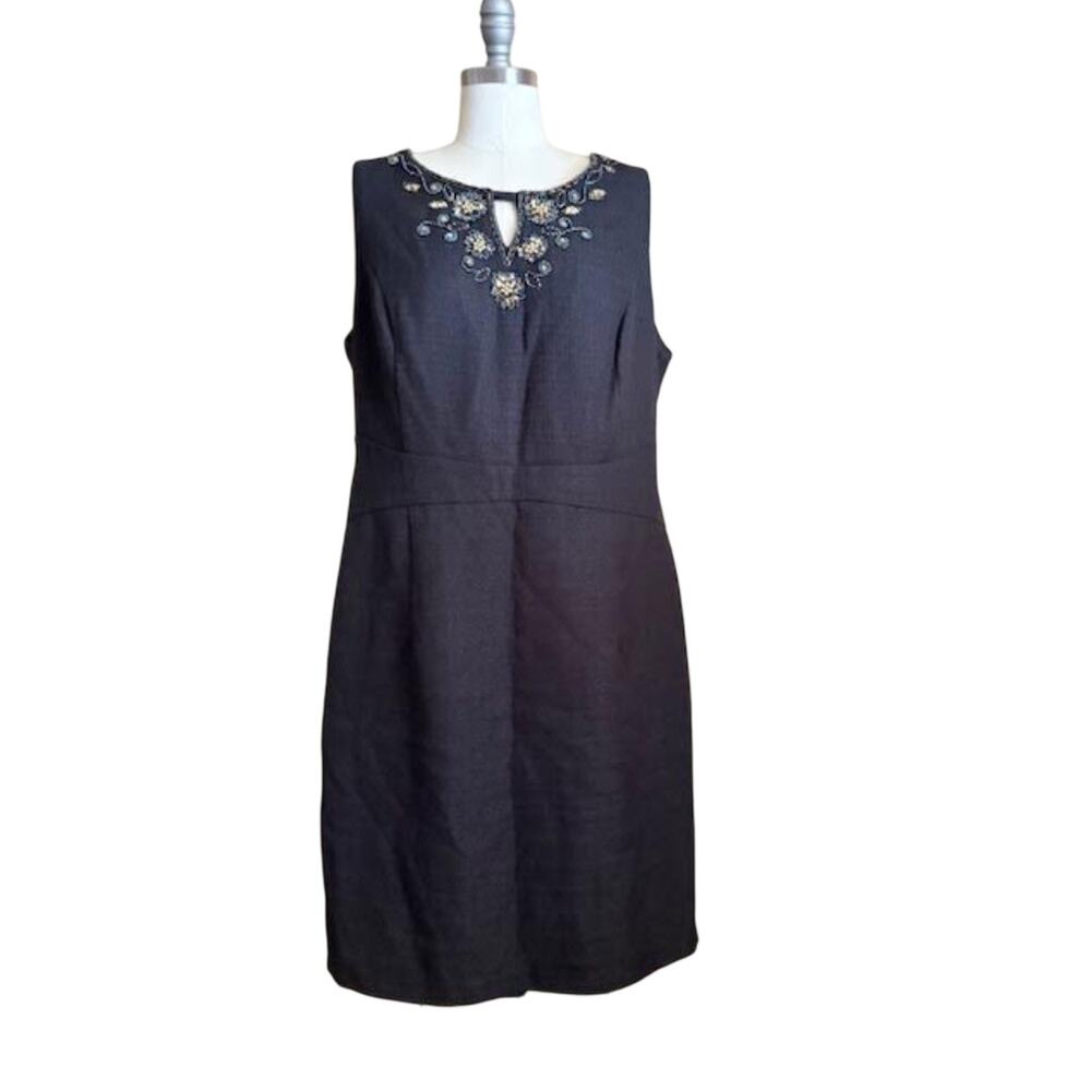 Ellen Tracy Black Sleeveless Embellished Sheath Dress Size 16 Keyhole Neck